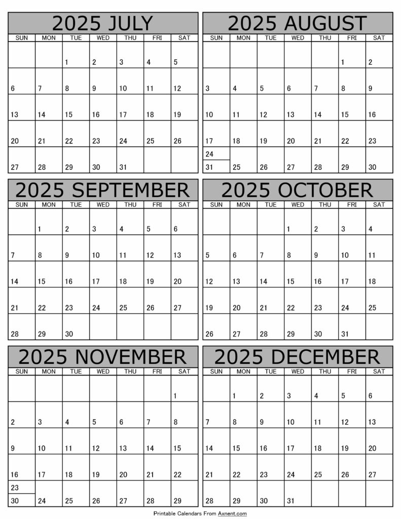 Calendar 2025 July to December