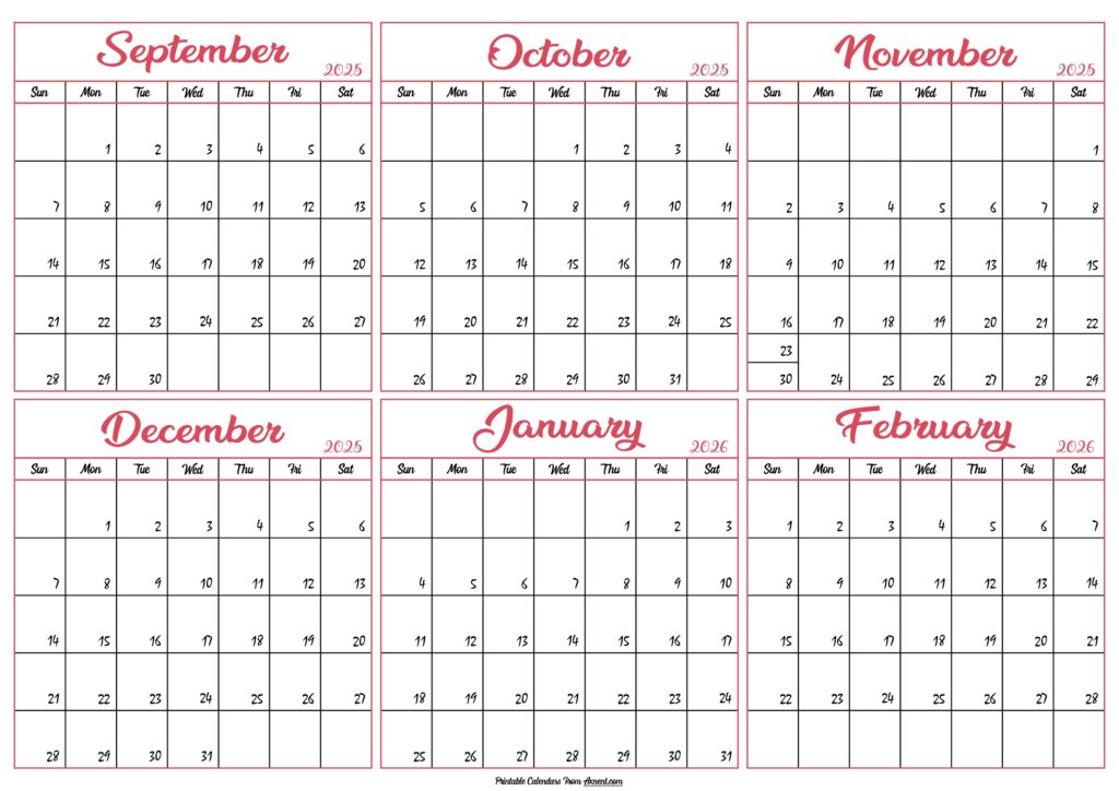 Calendar 2025 September to February 2026