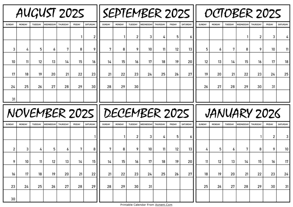 Calendar August 2025 to January 2026