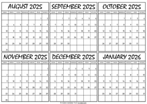 Calendar August 2025 to January 2026