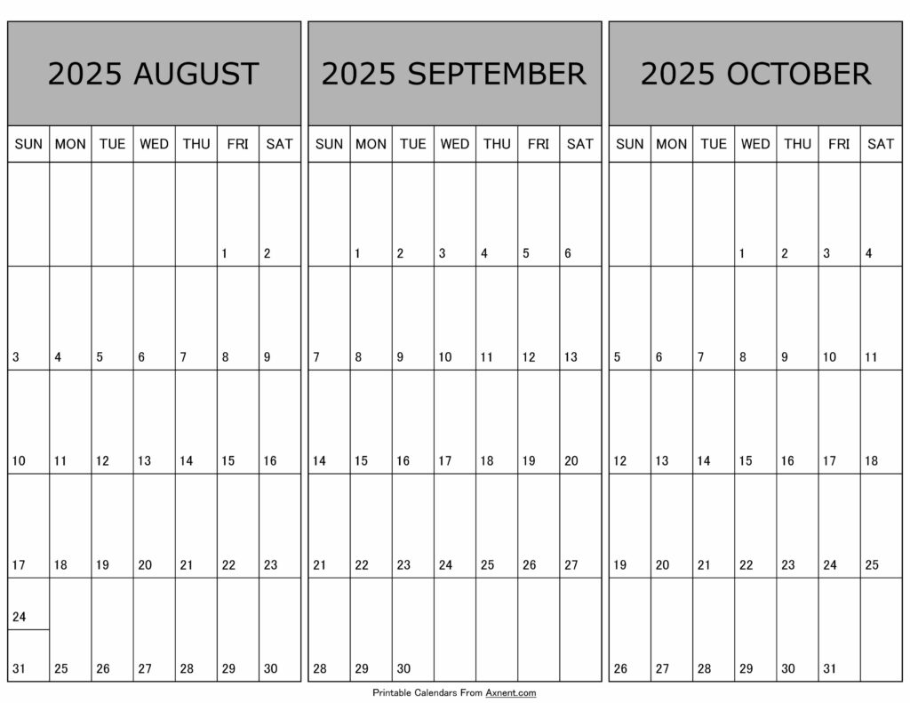 Calendar August September October 2025