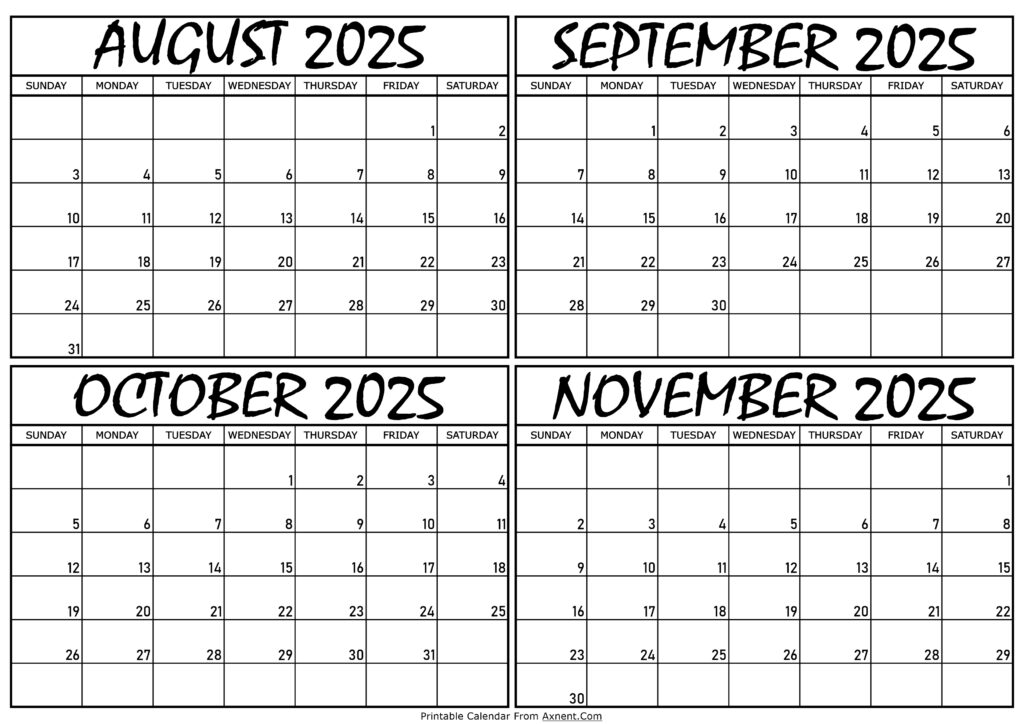 Calendar August to November 2025