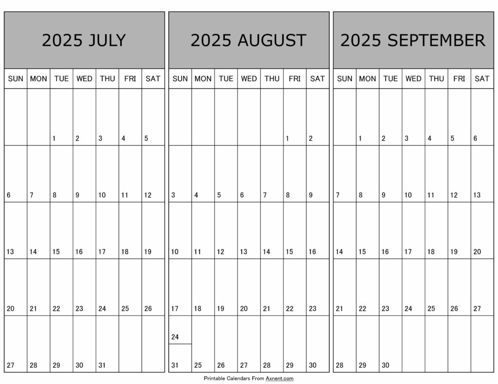 Calendar July August September 2025