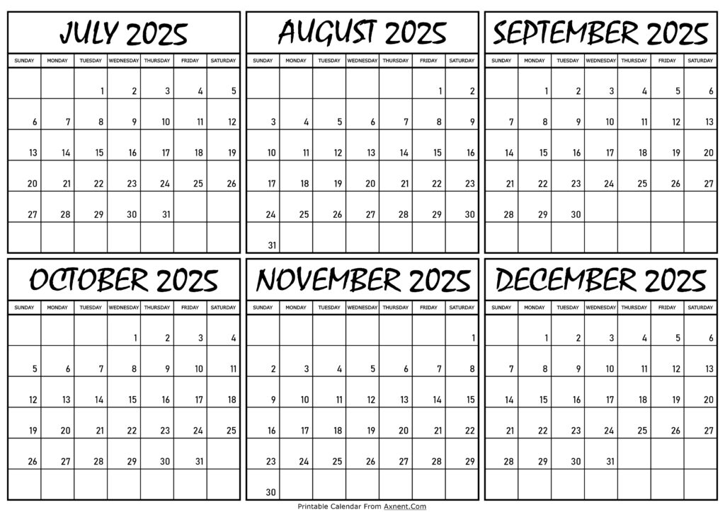 Calendar July to December 2025