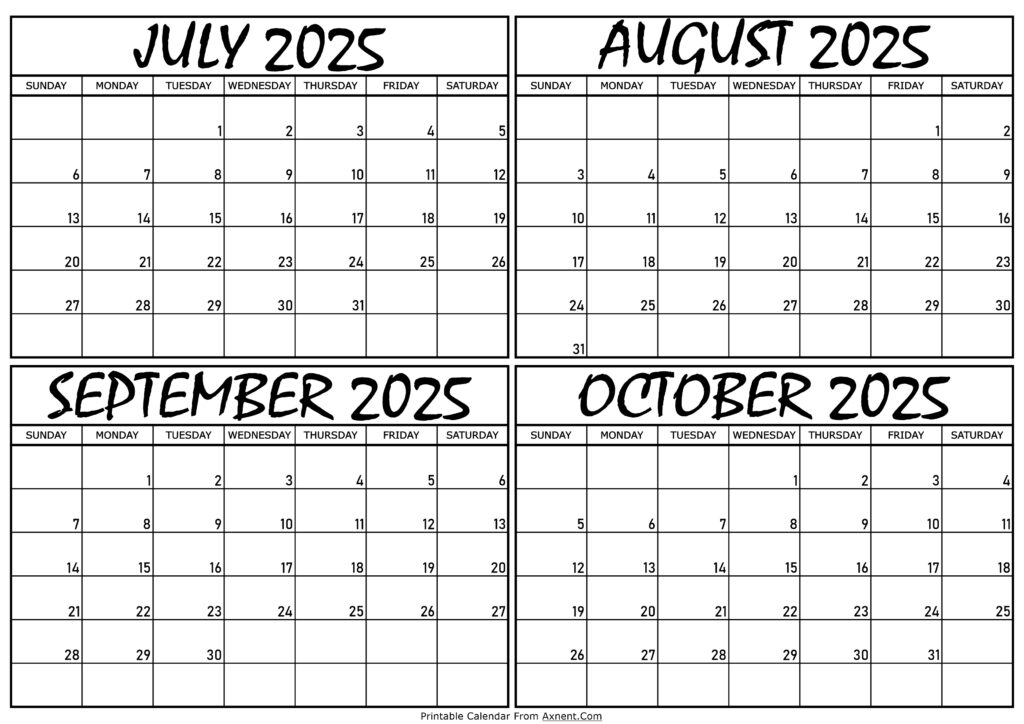 Calendar July to October 2025