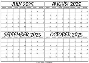 Calendar July to October 2025