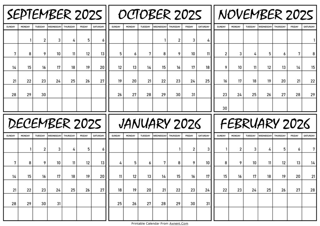 Calendar September 2025 to February 2026