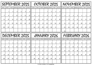 Calendar September 2025 to February 2026