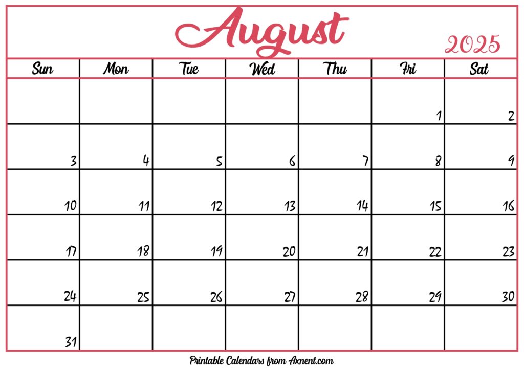 Free August Calendar 2025