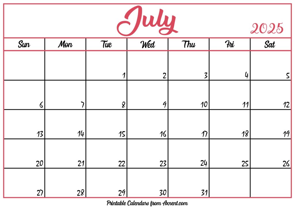 Free July Calendar 2025