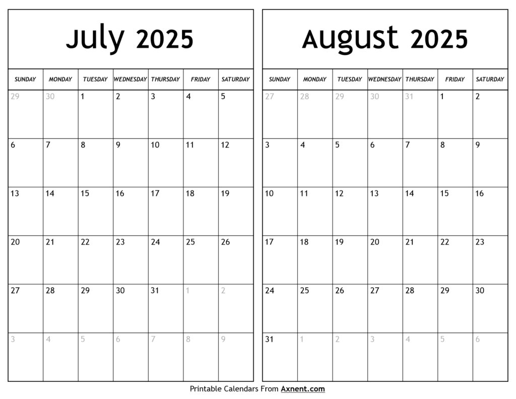 July August 2025 Calendar