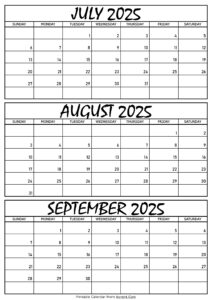 July August and September Calendar 2025