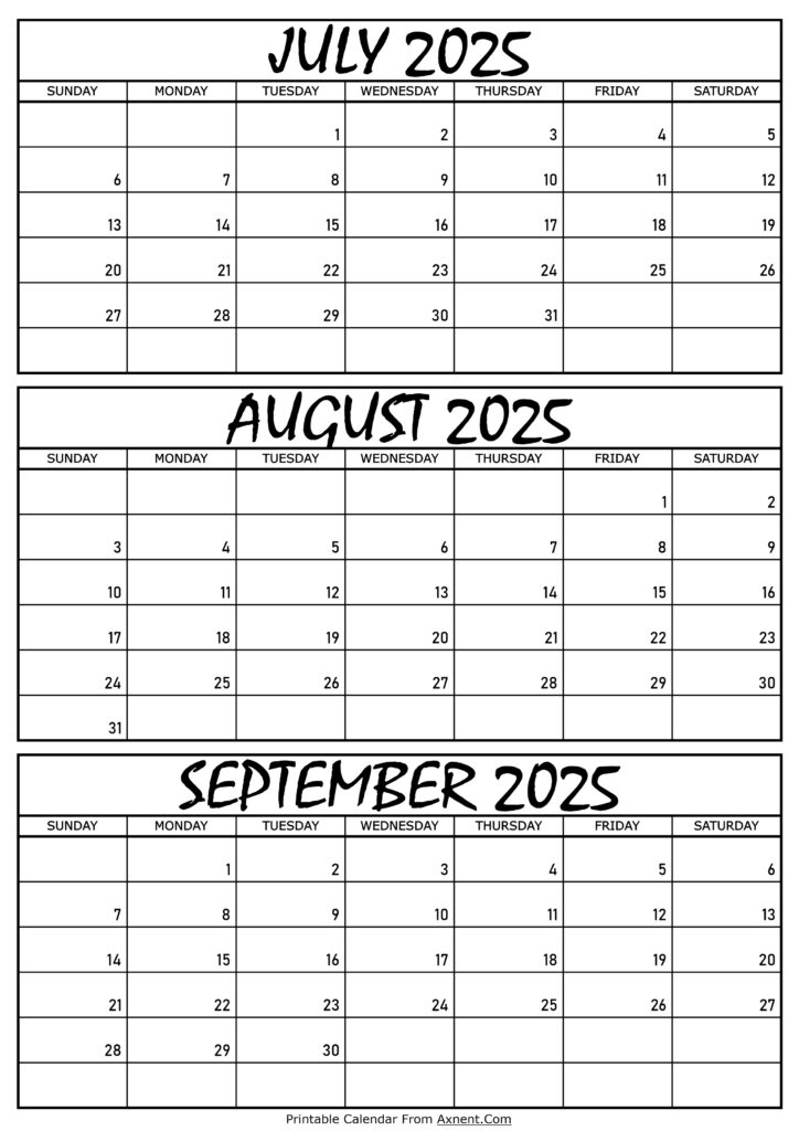 July August and September Calendar 2025