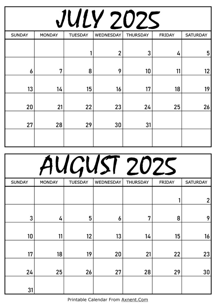 July and August 2025 Calendar