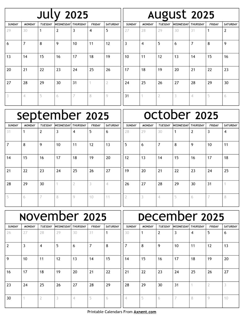 July to December 2025 Calendar