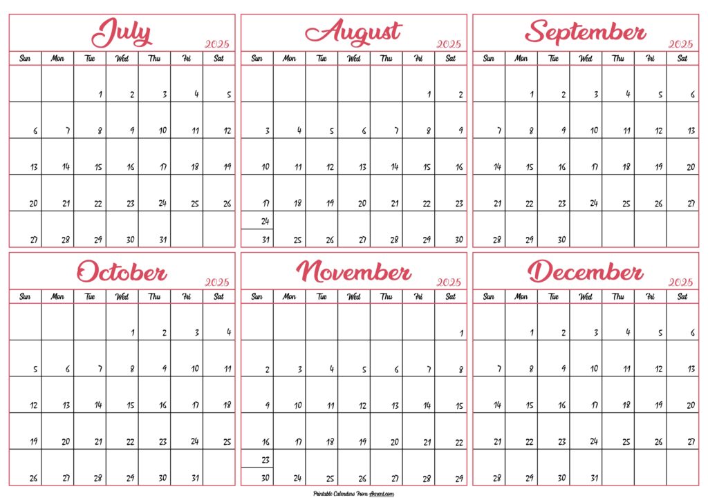 July to December Calendar 2025