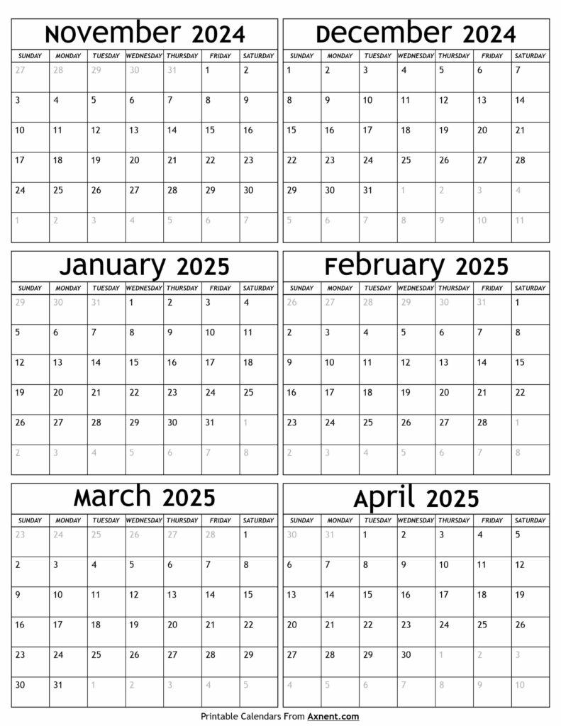 November 2024 to April 2025 Calendar