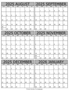 Printable August 2025 to January 2026 Calendar