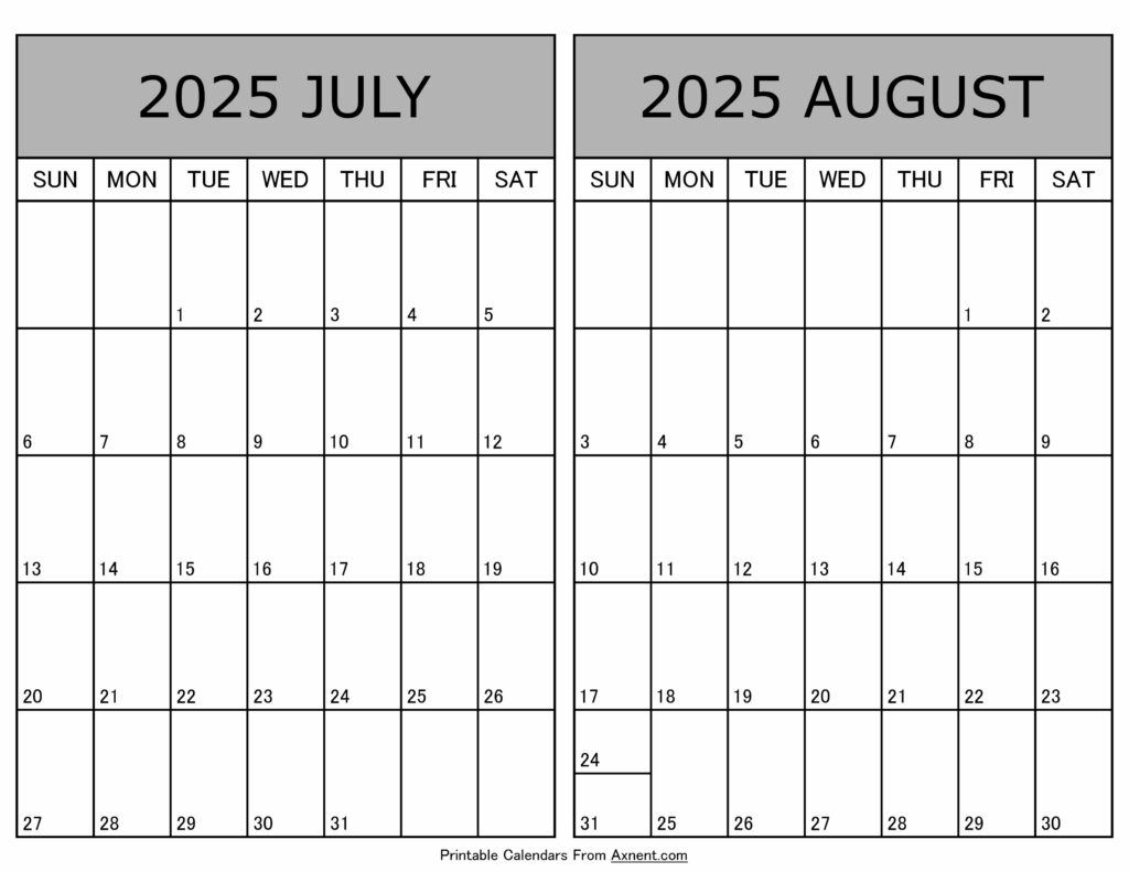 Printable July August 2025 Calendar