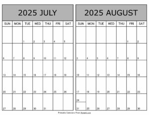 Printable July August 2025 Calendar