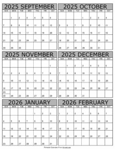 Printable September 2025 to February 2026 Calendar