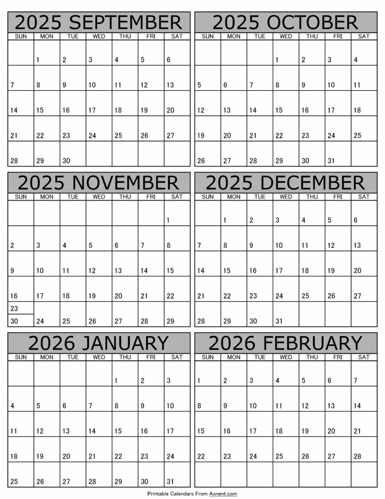 Printable September 2025 to February 2026 Calendar