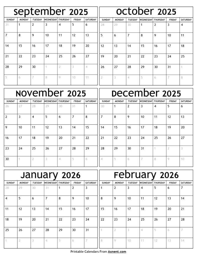 September 2025 to February 2026 Calendar