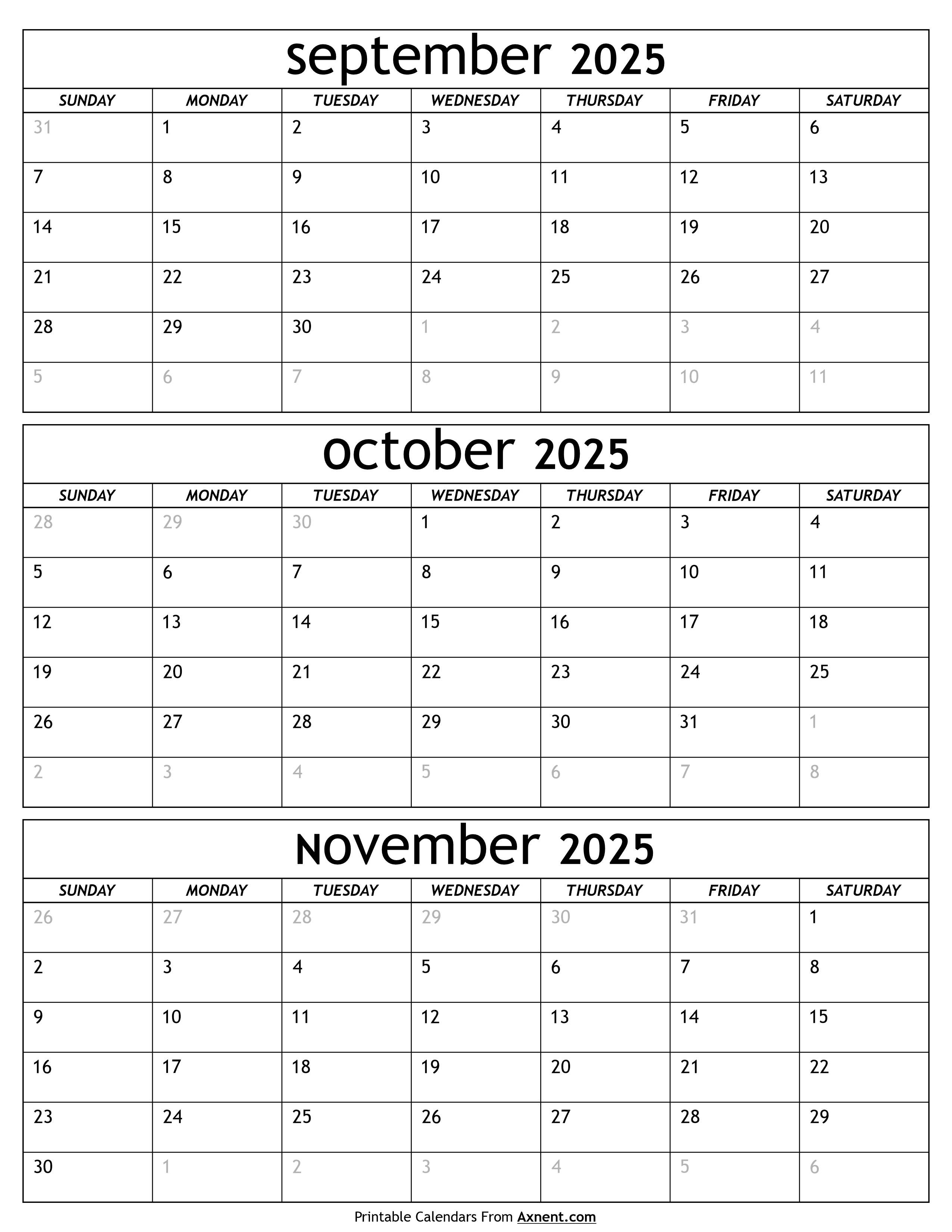 September to November 2025 Calendar