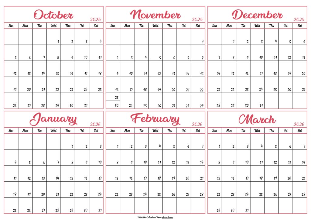 Calendar 2025 October to March 2026