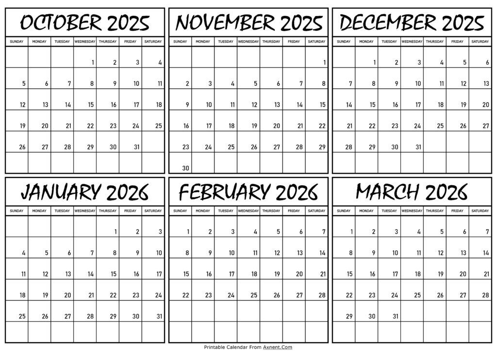 Calendar October 2025 to March 2026