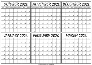 Calendar October 2025 to March 2026