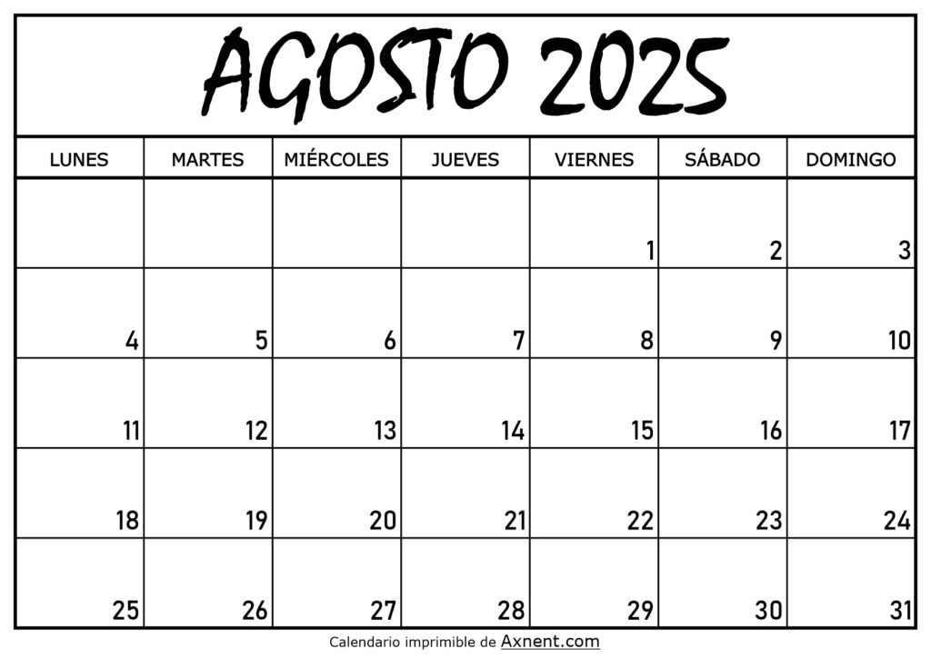 Calendario Agosto 2025 Para Imprimir