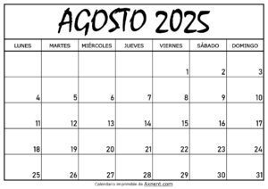 Calendario Agosto 2025 Para Imprimir