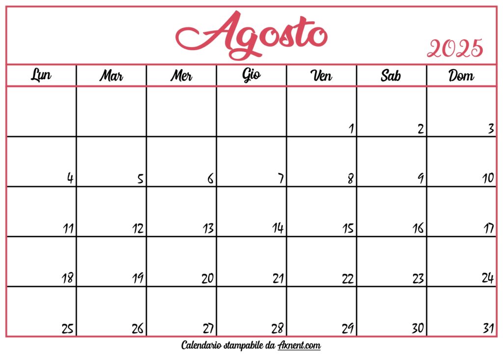 Calendario Agosto 2025 Stampabile