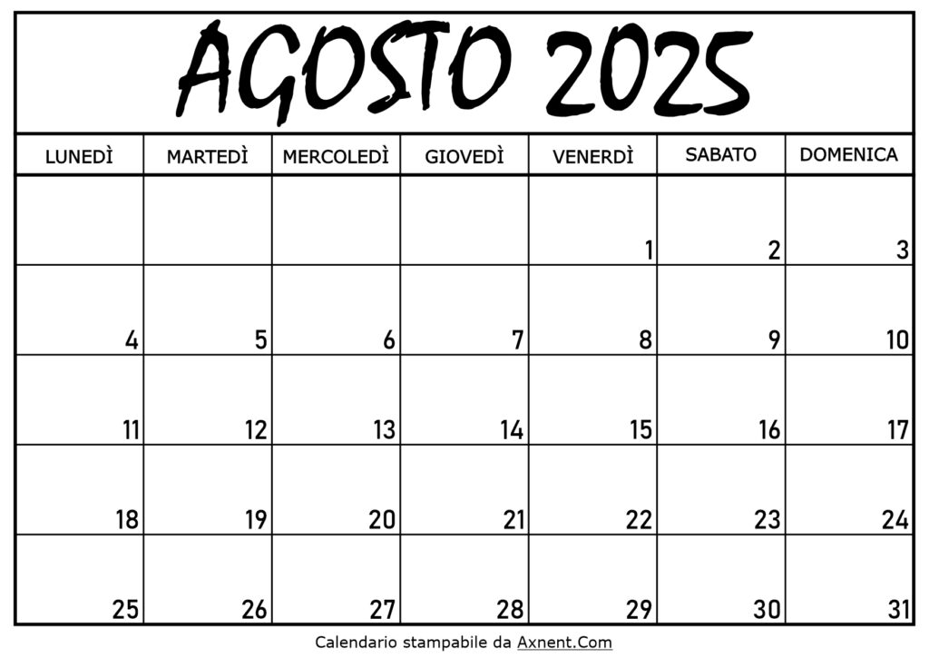 Calendario Agosto 2025 da Stampare