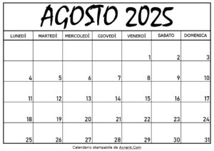 Calendario Agosto 2025 da Stampare