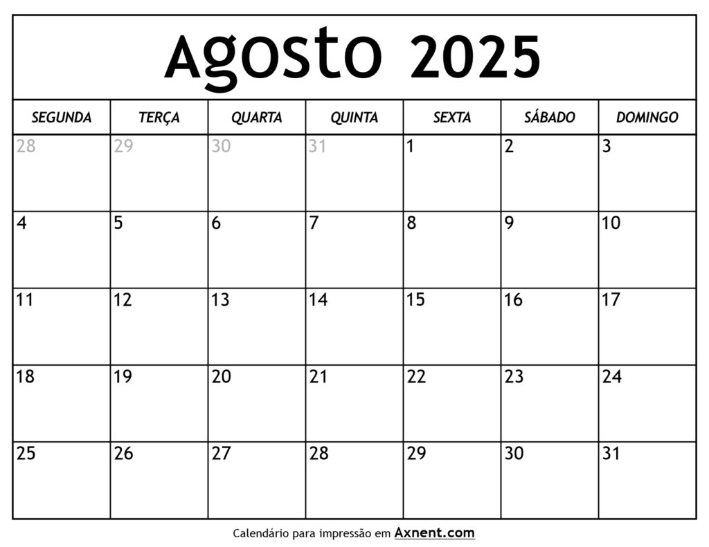 Calendário De Agosto De 2025