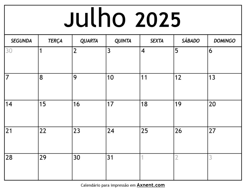 Calendário De Julho De 2025