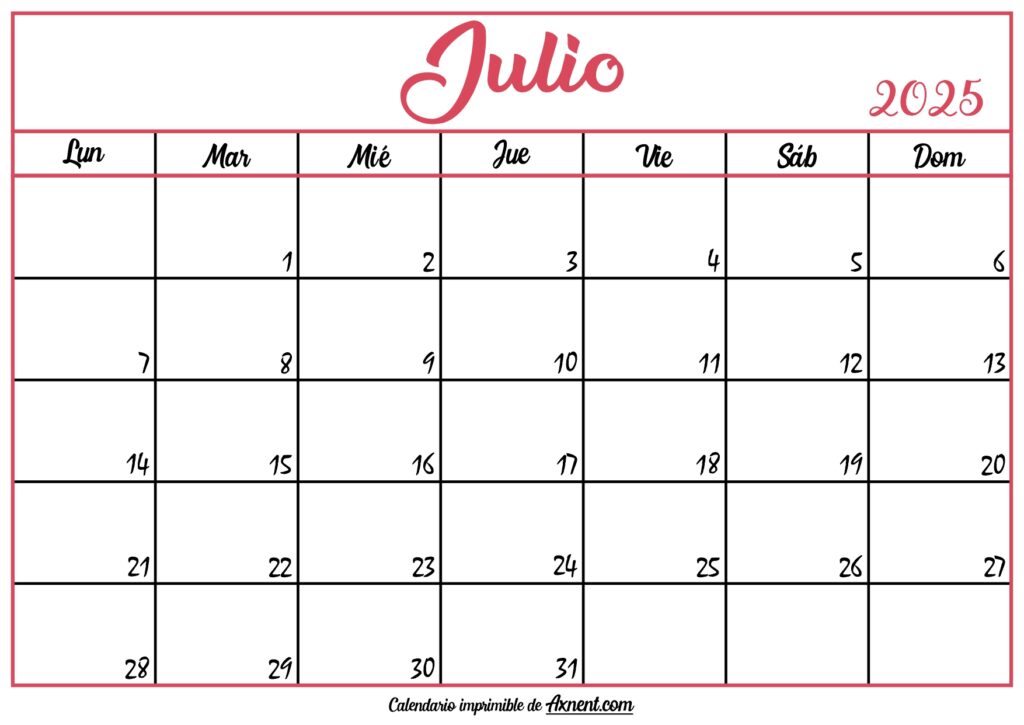 Calendario En Blanco Julio 2025