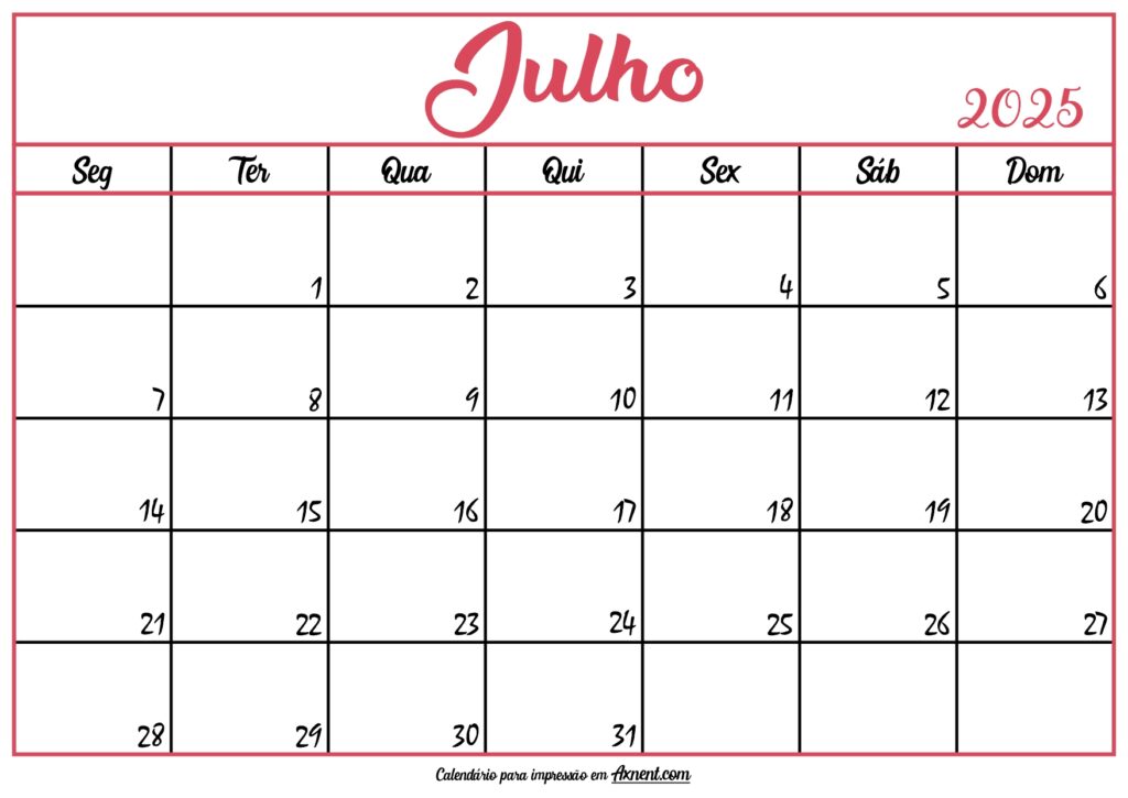 Calendário Julho 2025