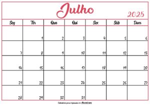 Calendário Julho 2025