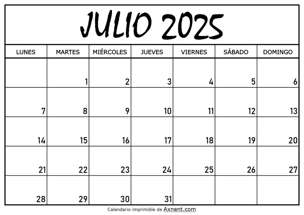 Calendario Julio 2025 Para Imprimir