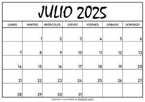 Calendario Julio 2025 Para Imprimir