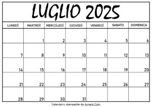 Calendario Luglio 2025 da Stampare