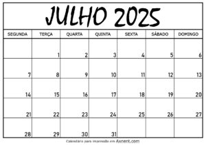 Calendário Mensal Julho 2025