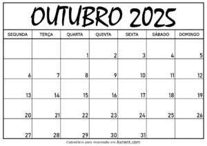 Calendário Mensal Outubro 2025