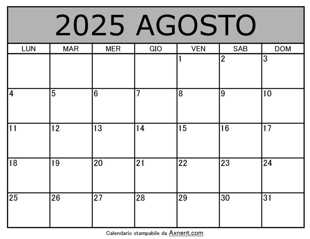 Calendario Mensile di Agosto 2025