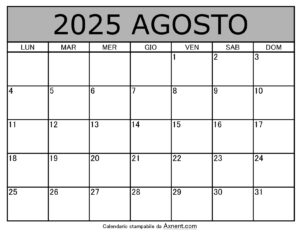 Calendario Mensile di Agosto 2025