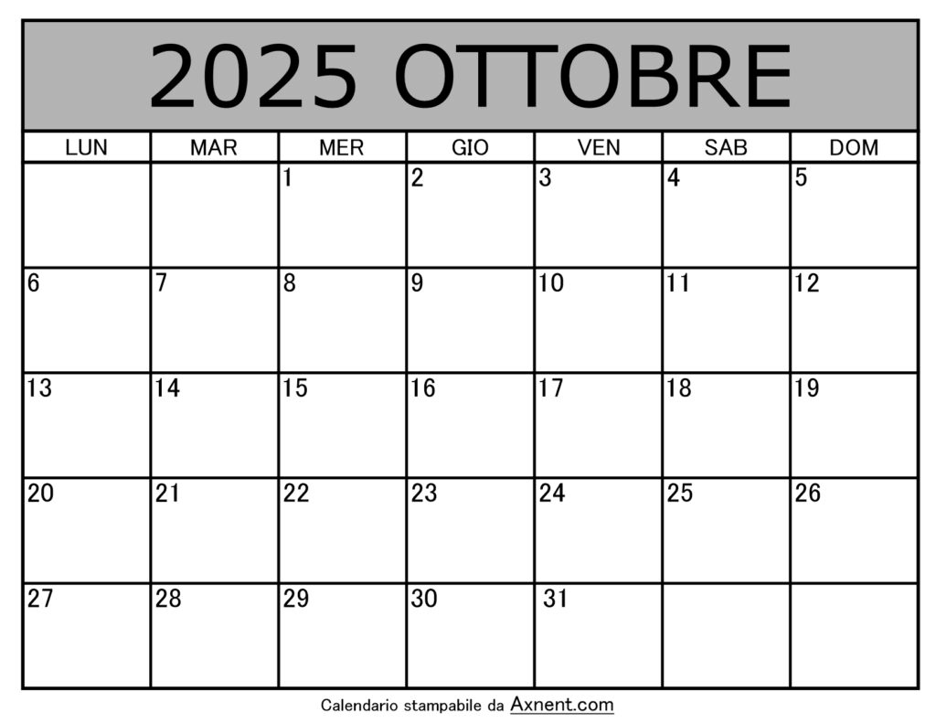 Calendario Mensile di Ottobre 2025