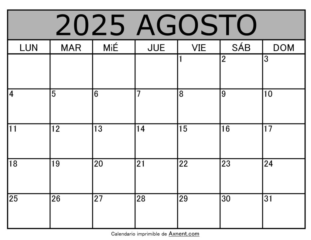 Calendario Mensual Agosto 2025